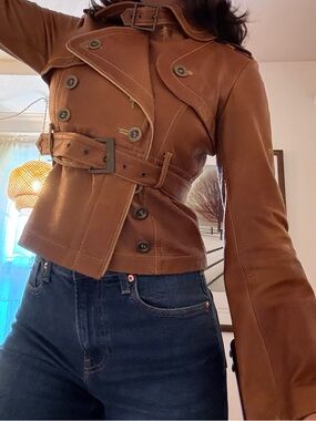 2000s Bebe Brown Cognac Leather Belted Jacket